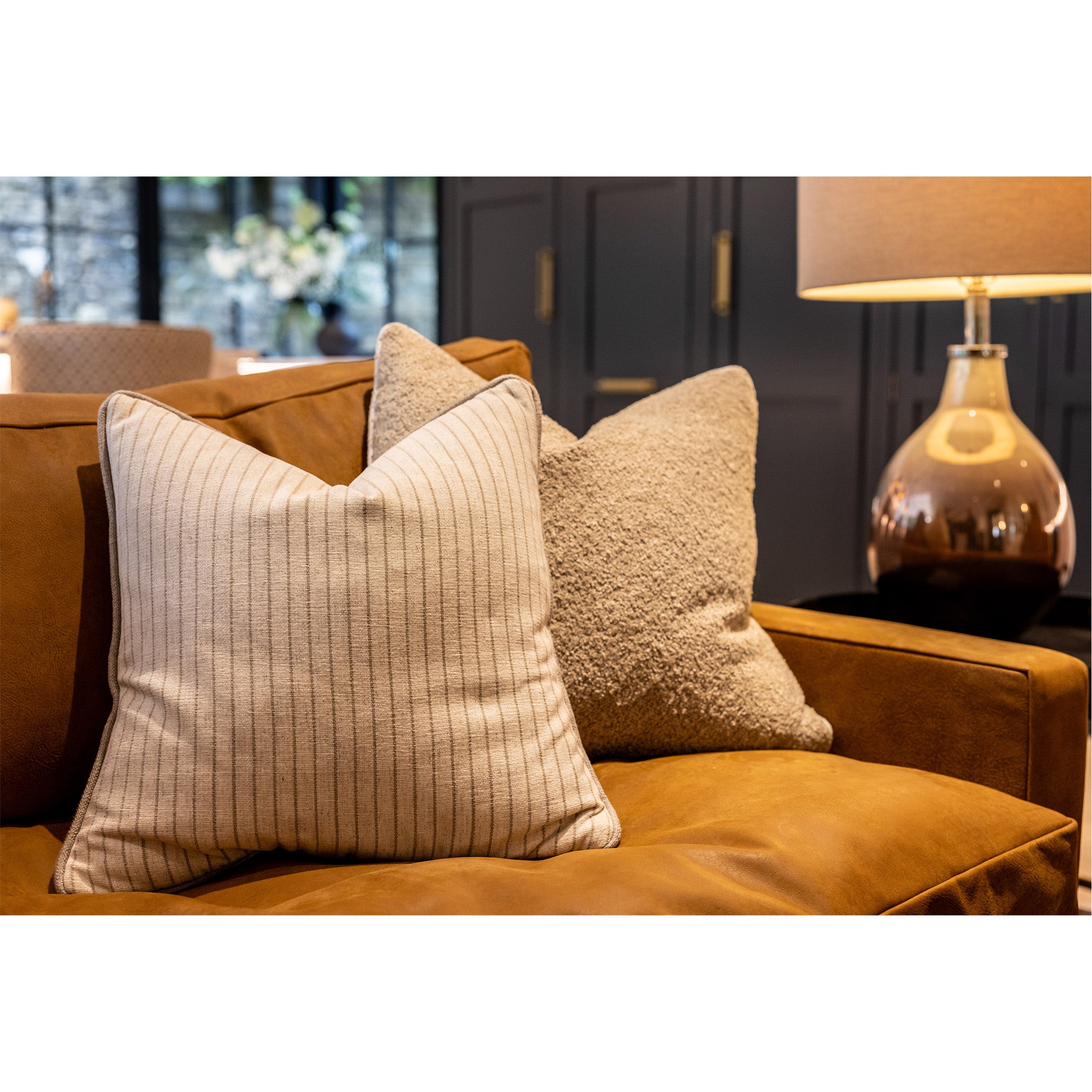 Striped Linen Mix Fabric Cushion with Contrast Piping